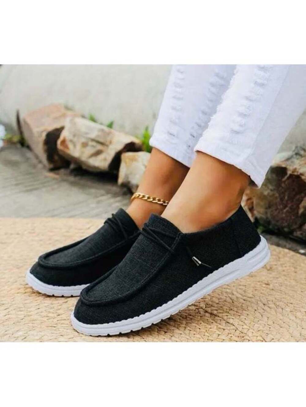 New - SoftWalk Comfort Canvas Loafers - Black / White - Size 8
